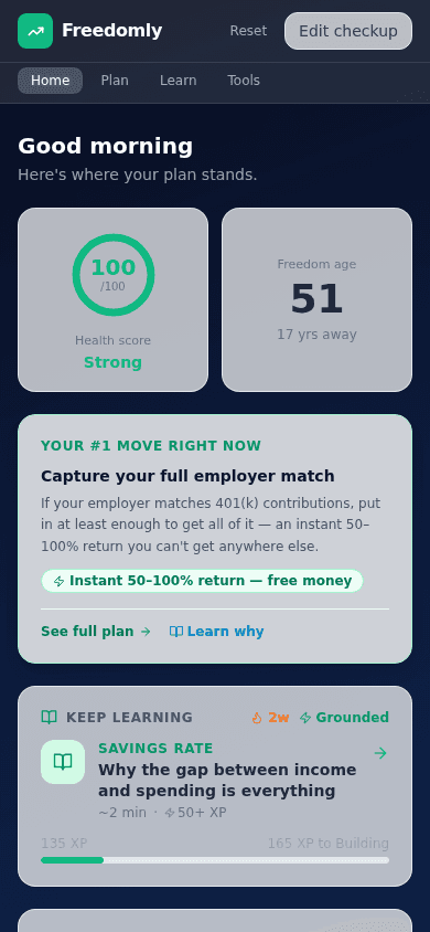 Freedomly home screen showing health score and freedom age